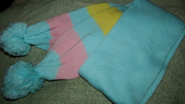 pastel knit WINTER SCAR 44&quot; long, fringe puffs both ends (J) - $4.95