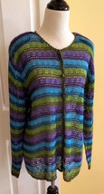 CASUAL CORNER &amp; CO. Green/Purple/Blue Loose Knit Crocheted Cardigan Sweater (M) - £19.18 GBP