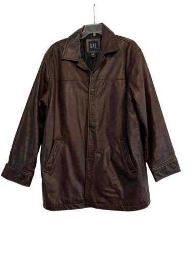 Primary image for Vintage GAP Mens Genuine Leather Jacket Coat Brown Button Up Y2K Lined Sz Medium