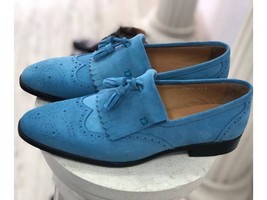 Men&#39;s Tassel Leather Shoes Blue Suede Premium Quality Fringe Flap Brouging  - £108.39 GBP