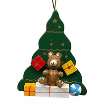 Gifts Under the Christmas Tree Ornament Vintage Wood Handpainted Teddy Bear - $19.89