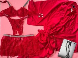 Victoria&#39;s Secret 34B,34C Bra Set+Garter Skirt+M Panty+Robe Red Lace Shine Strap - £134.21 GBP