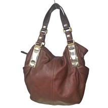 B Makowsky Brown Leather Hobo Shoulder Handbag Purse Silver &amp; Gold Hardware Zip - £118.42 GBP