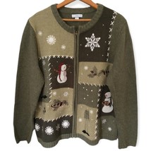 Granny Snowman Patchwork Cardigan L Green Vintage Sweater Embroidery Silk Blend - £21.83 GBP
