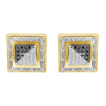 14K or Jaune Sur Rond Noir &amp; Blanc Simulé Diamant Carré Boucles D&#39;Oreilles - £160.86 GBP