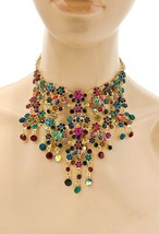Golden Multicolor Crystals Rhinestones Statement Bib Fringe Party Necklace - $39.90