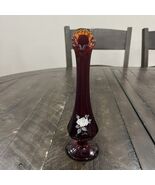 Vtg FENTON Ruby Red Glass Bud Vase Swung Hand Painted Signed 8&quot; Floral S... - $363.49 MXN