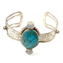 Sterling Signed Sajen Oval Turquoise Sterling Silver Designer Cuff Bracelet 8 - £158.26 GBP