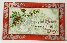 Christmas Silver Holly &amp; Red Border Embossed c1910  Postcard J10 - £4.75 GBP