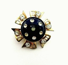 Brooch Pin Navy Blue Dome Center Clear Rhinestones Gold Tone Vintage Jewelry - £5.15 GBP