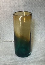 Small 6 1/4 Inch Two Tone Amber Green Cylinder Hand Blown Glass Vase - $11.88