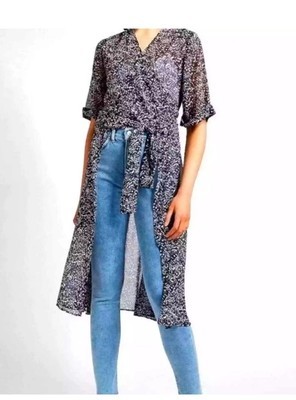 Express Printed Blue Wrap Front Kimono Cover-up Sz Small/medium Chiffon - £26.06 GBP
