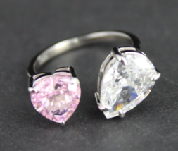 sterling silver ring ladies pink sapphire SIZE 8 double teardrop heart valentine - £34.53 GBP