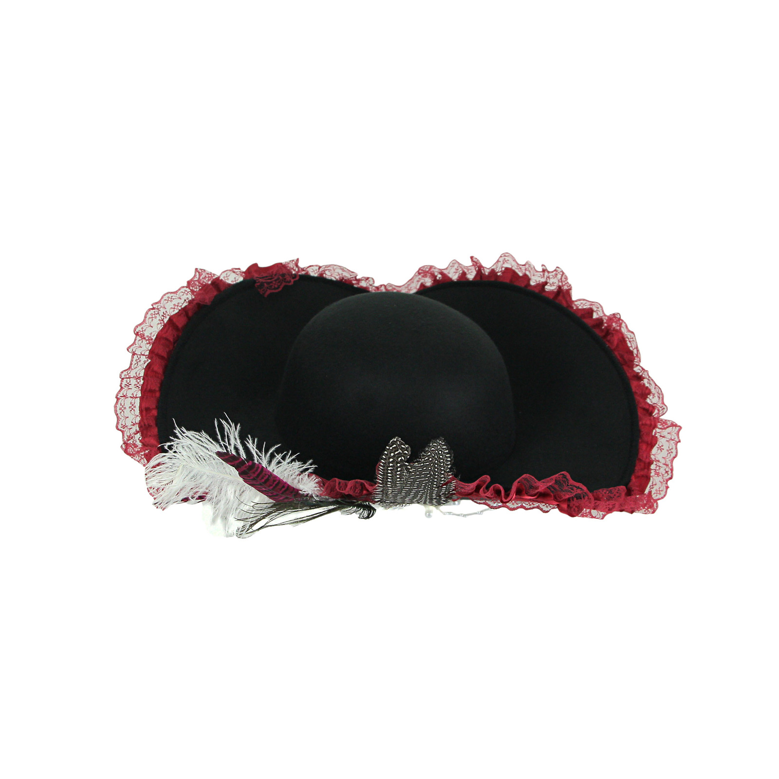 Primary image for Ladies Black and Red Lace Feather Tricorn Pirate Hat