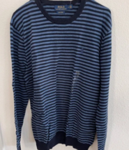 Polo Ralph Lauren Pullover Sweater Men&#39;s Medium Pima Navy Blue Striped C... - $47.00