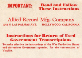 Hollywood California Vinylite Allied Vinyl Record Company WWII - £29.25 GBP