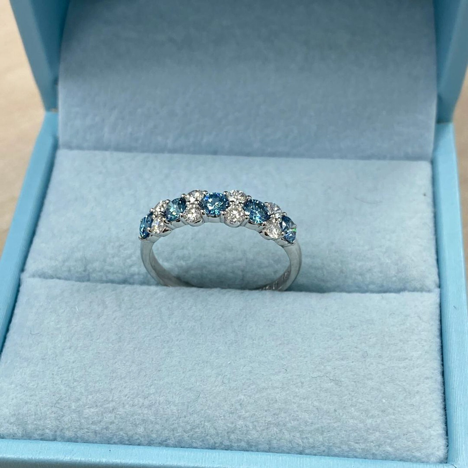 1.00 Ct Blue and White Lab Grown Diamond Alternating Wedding Band 14k white Gold Item image 12