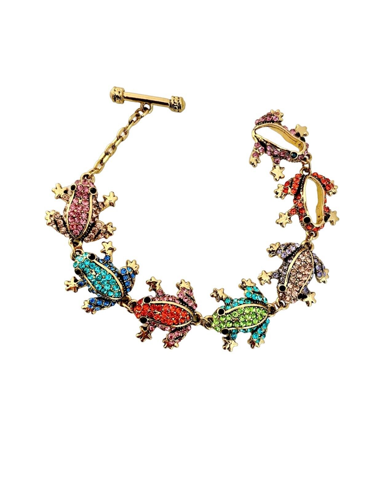 Primary image for Multicolor Crystals Rhinestones Fun Cute Golden Frogs Segmented Toggle Bracelet