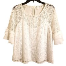 7th Avenue New York &amp; Company Size L White Floral Lace 3/4 Ruffle Sleeve... - £26.11 GBP