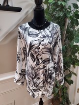 C&amp;C California Women White Black Floral 100% Linen Long Sleeve Top Blouse 1X - £21.30 GBP