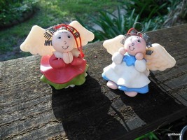 Set of 2 Primitive Angel Ornaments Red Dress and White Dress Coiled Wire Hair - £11.39 GBP