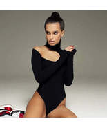 Women Black One shoulder Halter Cut Out Long Sleeve Bodysuit Top_ - £15.18 GBP