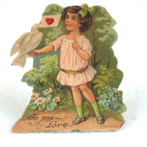 Vintage Valentine Die Cut Stand Up Girl Pink Dress &amp; White Dove 1920-30s Germany - £7.96 GBP