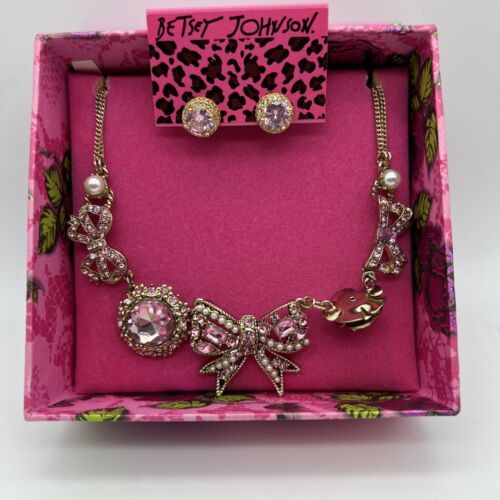 Betsey Johnson Necklace and Earrings Set w/ Box Bows Butterfly Pink Flowers Fun - £69.74 GBP