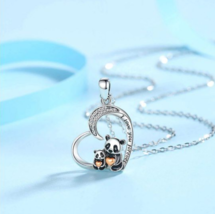 Genuine 925 Sterling Silver Zircon &quot;Mother &amp; Cub&quot; Panda Heart Pendant Necklace - £71.93 GBP