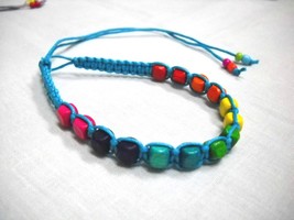 TURQUOISE BLUE MACRAME w RAINBOW WOOD BEADS BLUE GREEN PINK TIE BRACELET... - $91.40 MXN