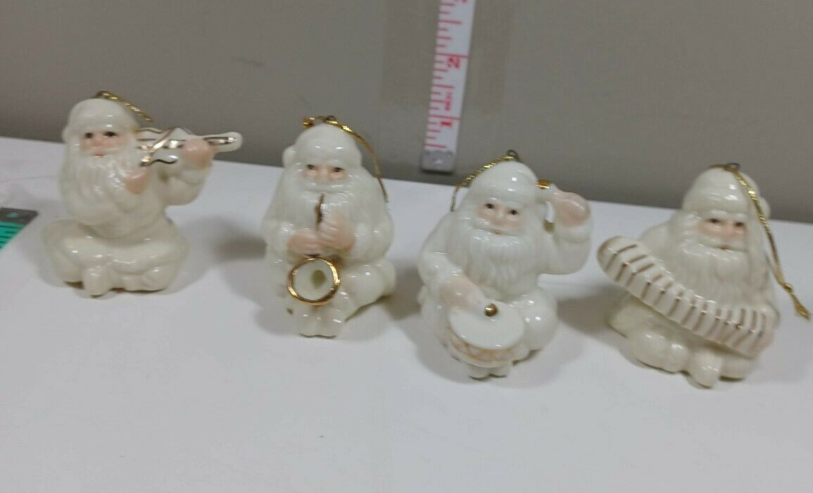 4 White Ceramic Christmas Giftco Ornaments Santa Claus with Musical Instruments - $12.87