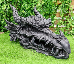 Oversized Giant 27&quot;L Dragon Black Fossil Skull With Horns Grendel Drake Statue - £167.85 GBP