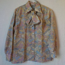 Vintage 80s Kmart Beige Button Up Blouse Bow Tie Long Sleeve Women 36 (L... - £13.48 GBP