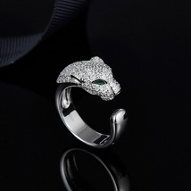 Solid 925 Sterling Silver Leopard Finger Ring Half Zircon Stone Green Eyes Panth - £58.04 GBP