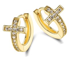 18k Gold Plated Crystal Huggies Cross Earrings for - - $55.14
