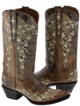 Womens Western Cowboy Boots Cognac Leather Floral Embroidered Snip Toe Botas - £100.45 GBP