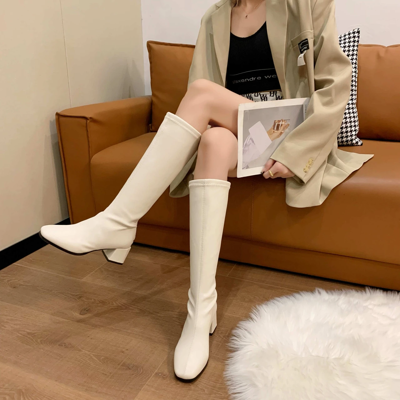   Wedding Party Shoes Woman Heels 2024  Side Zipper Knee High Boots Leather Boot - £196.54 GBP