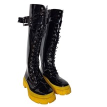 Ocho Toros Black Patent Leather Lace Up Platform Boots Yellow Soles Goth... - $2,026.43 MXN