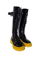 Ocho Toros Black Patent Leather Lace Up Platform Boots Yellow Soles Goth... - $106.91