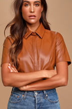 Brown Genuine Handmade Lambskin Leather Casual Stylish Shirt Women Forma... - £85.90 GBP