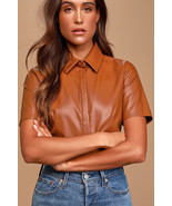 Brown Genuine Handmade Lambskin Leather Casual Stylish Shirt Women Forma... - $147.31 CAD