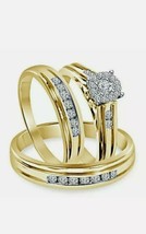 His &amp; Her Wedding Engagement Diamond Ring Band Trio Set 14K Yellow Gold Plated - £122.53 GBP