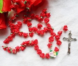 Mother&#39;s Day - Catholic ROSARY-RED Rose Flower Ceramic bead with a Cruci... - £12.04 GBP