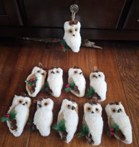 10 Set White Fluffy Snowy Owl Woodland Berry Winter Christmas Ornaments - £19.87 GBP