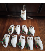 10 Set White Fluffy Snowy Owl Woodland Berry Winter Christmas Ornaments - £19.64 GBP