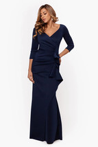 Xscape 3/4 Sleeve Scuba Crepe Dress w/ Side Rush Long Formal Midnight Blue Sz 14 - £164.26 GBP