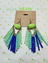 Erica Lyons Gold Tone French Wire Dangle Drop Beaded Earrings Blue &amp; Green - £9.88 GBP