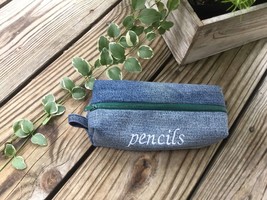 Upcycled Denim Jeans Pencil Box Case Cosmetic Bag Zippered Bag Pen Bag P... - £7.91 GBP