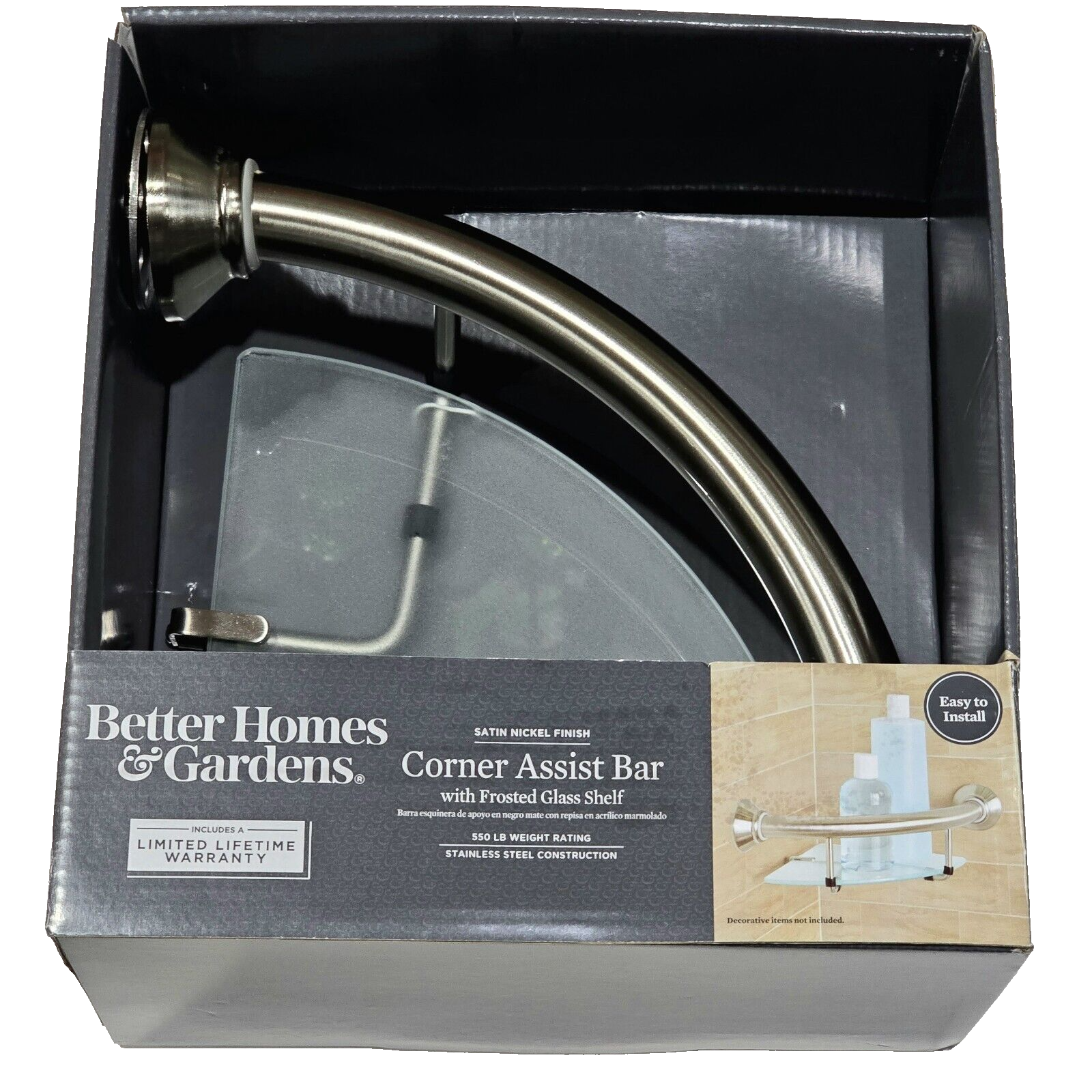 Better Homes & Gardens Corner Assist Bar With Frosted Glass Shelf Satin Nickel