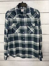 Levi&#39;s Flannel Shirt Long Sleeve Pearl Snap Button Down Plaid Green Blue... - $16.83